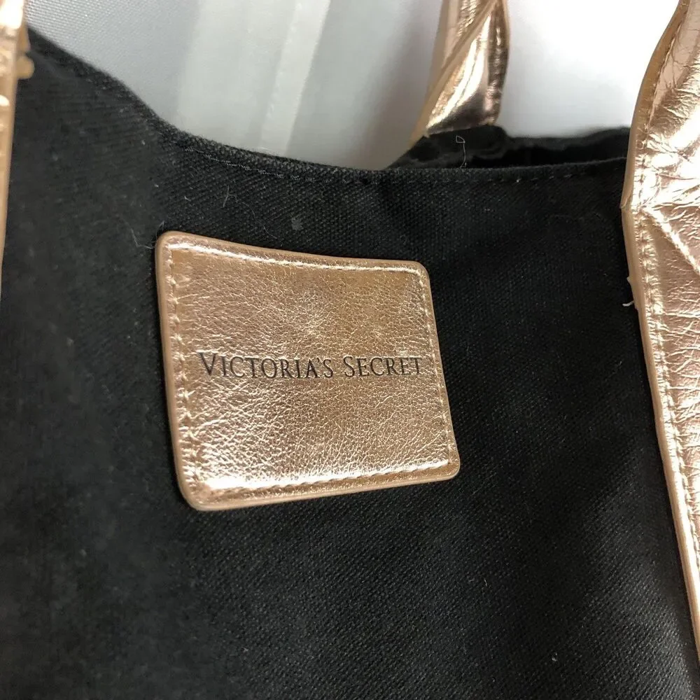 Victoria's Secret Tote Black & Gold Weekender Tote Getaway Bag Canvas Fabric - Picture 5 of 10